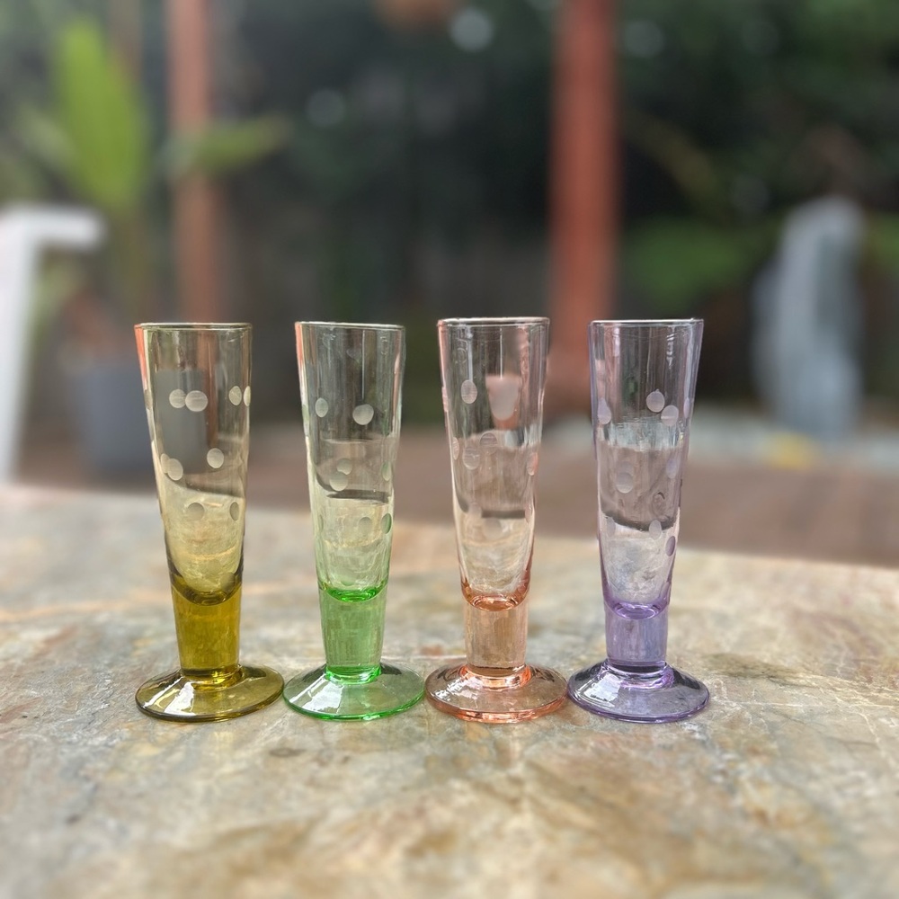 Set of 4 Vintage MCM Colored Glasses – Polka Dot Etched, Multicolor